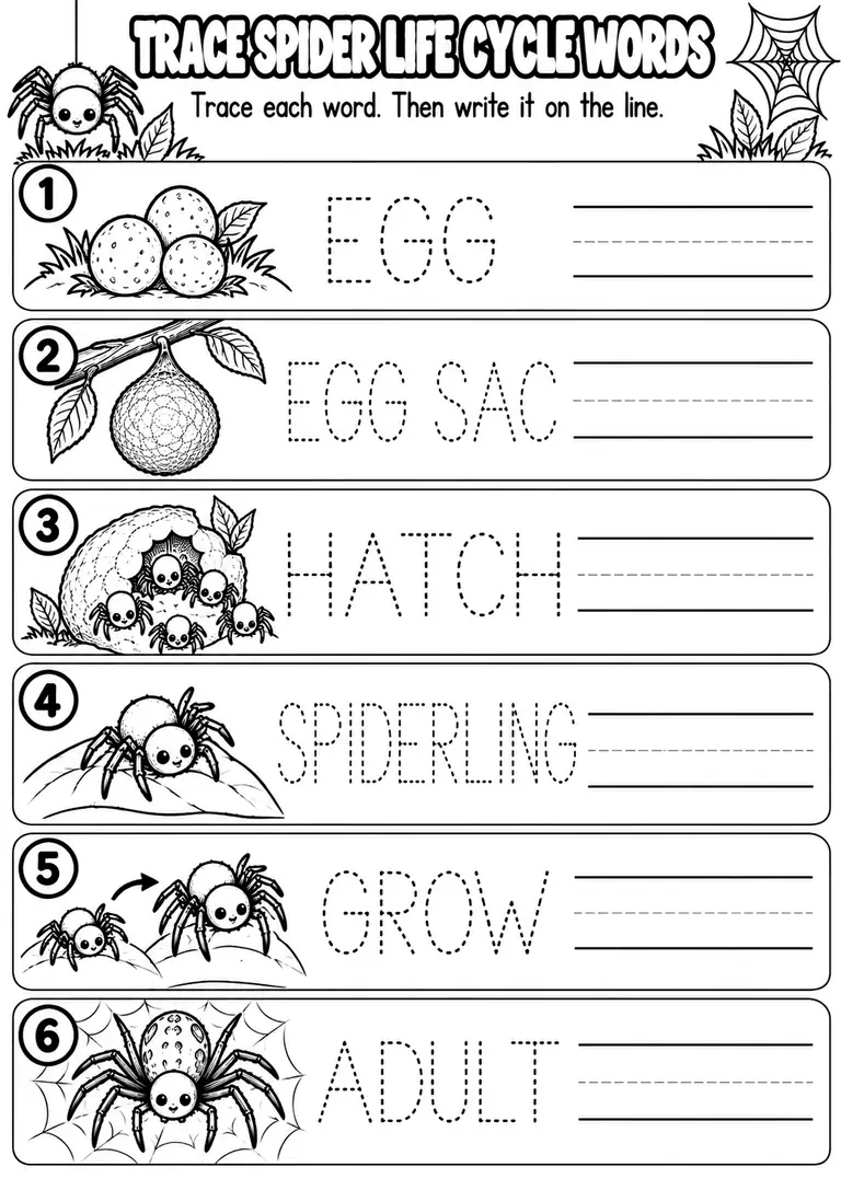 TRACE SPIDER LIFE CYCLE WORDS for Pre-K, Kindergarten, 1st Grade