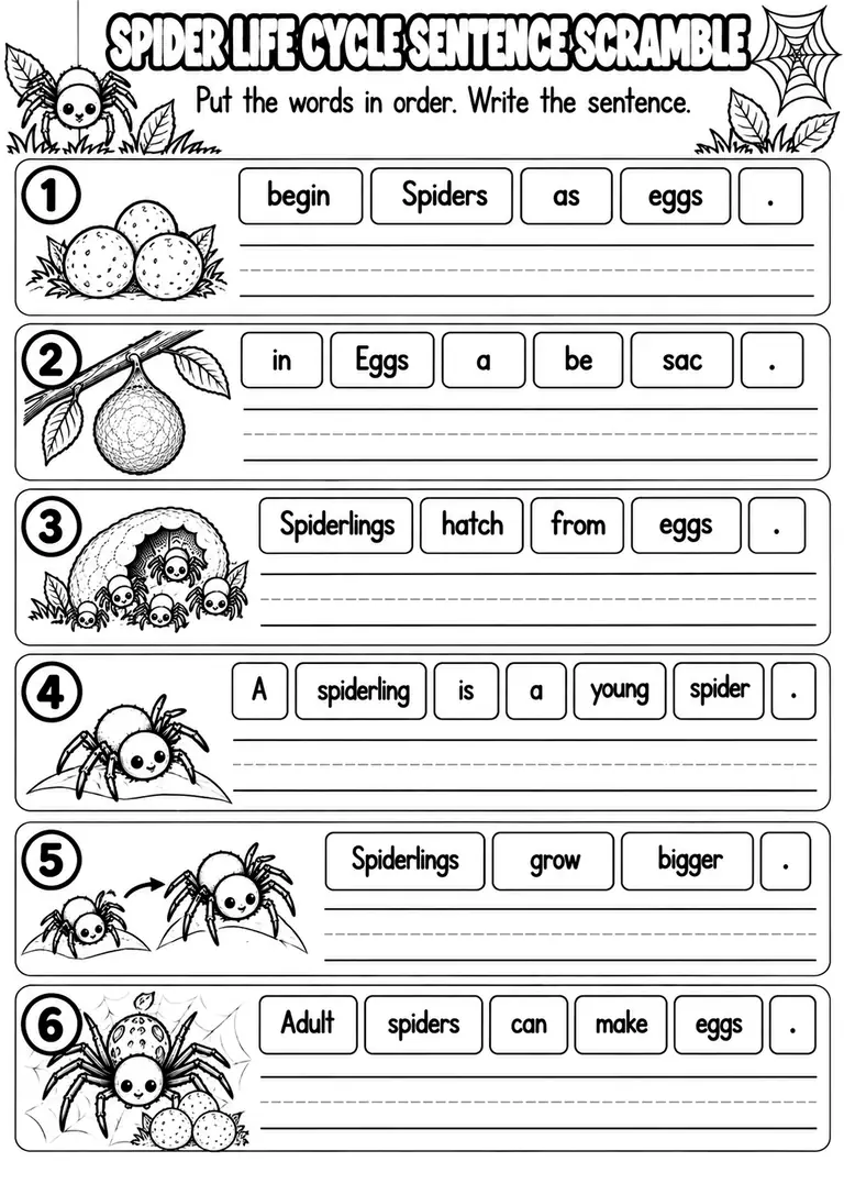 SPIDER LIFE CYCLE SENTENCE SCRAMBLE for Pre-K, Kindergarten, 1st Grade