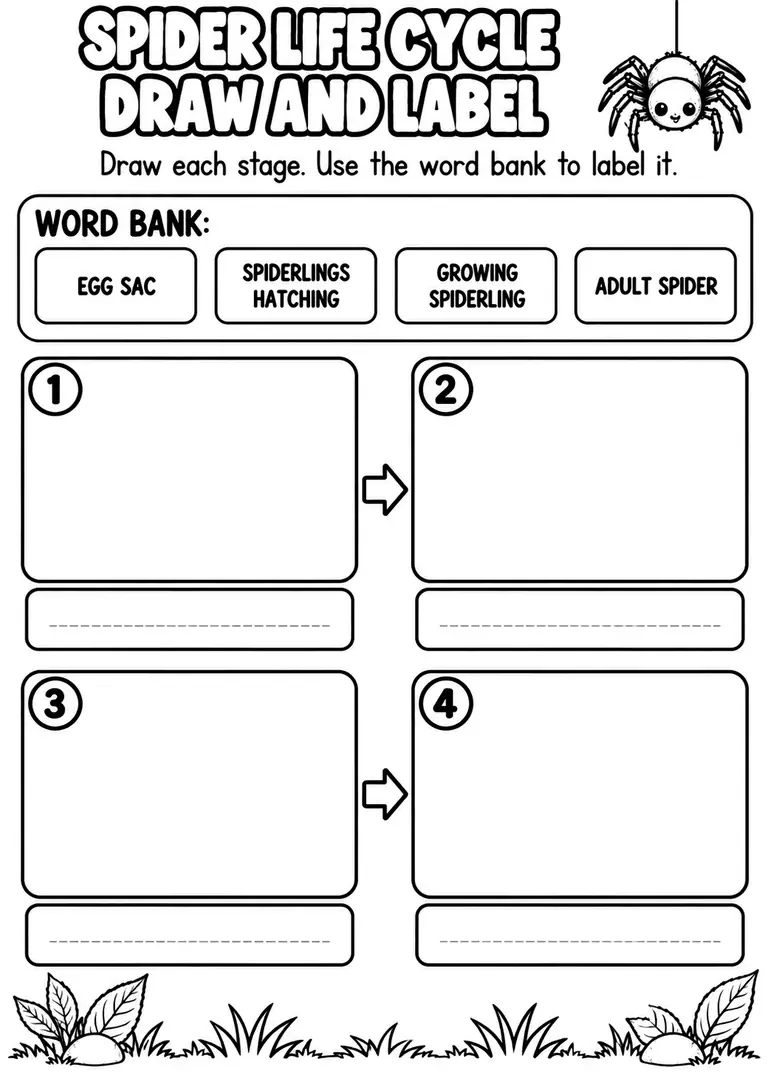 SPIDER LIFE CYCLE DRAW AND LABEL for Pre-K, Kindergarten, 1st Grade