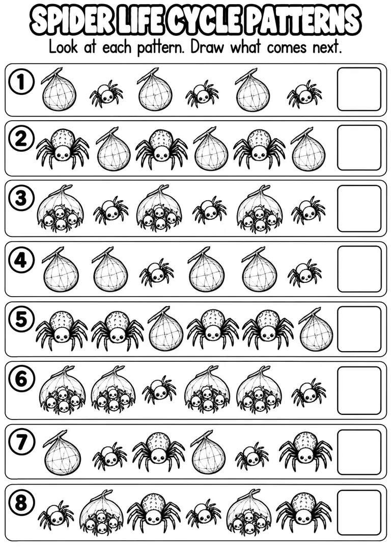 SPIDER LIFE CYCLE PATTERNS for Pre-K, Kindergarten, 1st Grade