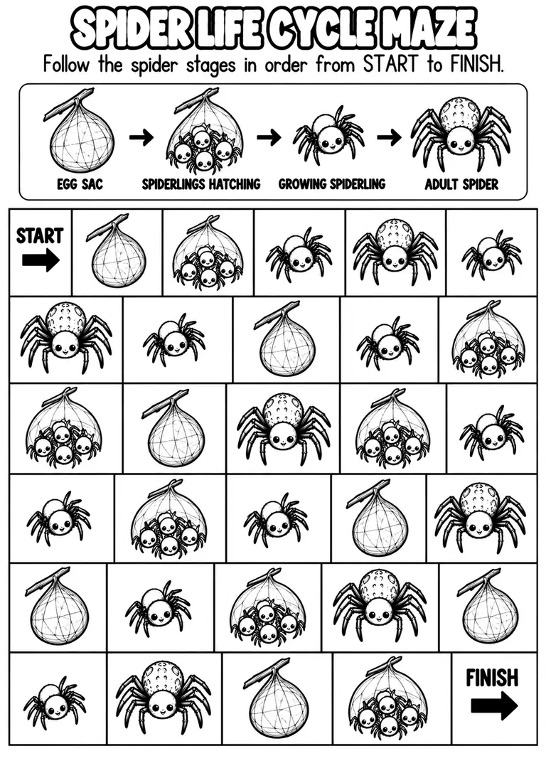 SPIDER LIFE CYCLE MAZE for Pre-K, Kindergarten, 1st Grade