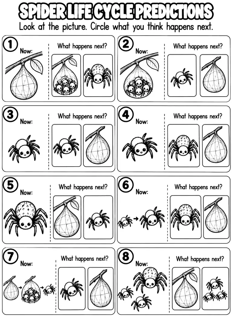 SPIDER LIFE CYCLE PREDICTIONS for Pre-K, Kindergarten, 1st Grade