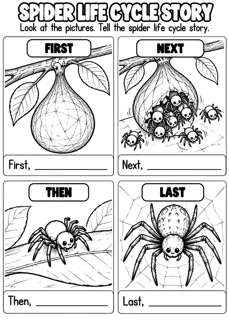 SPIDER LIFE CYCLE STORY for Pre-K, Kindergarten, 1st Grade