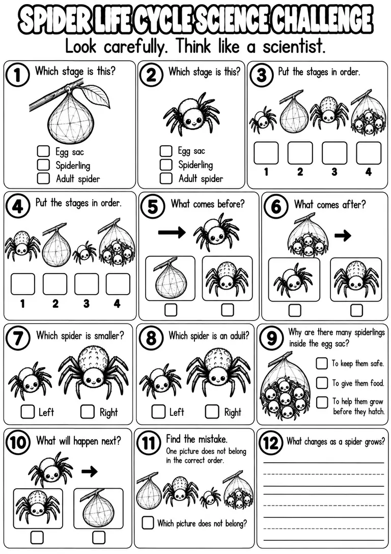 SPIDER LIFE CYCLE SCIENCE CHALLENGE for Pre-K, Kindergarten, 1st Grade