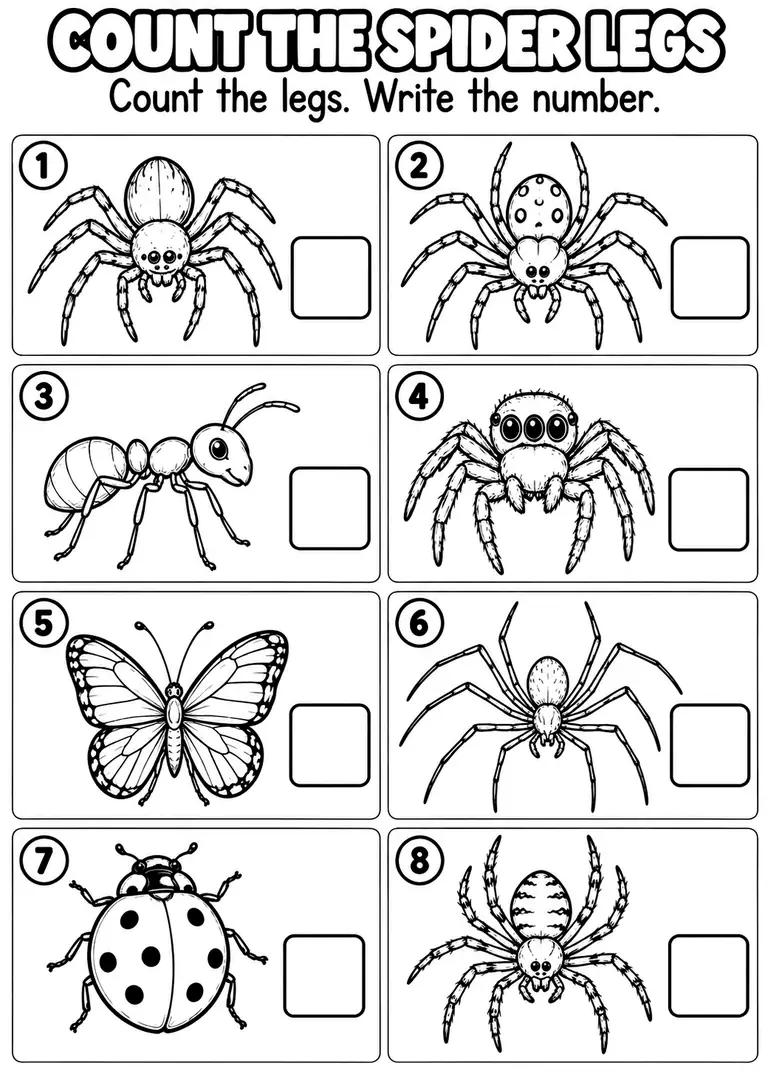 COUNT THE SPIDER LEGS for Pre-K, Kindergarten, 1st Grade