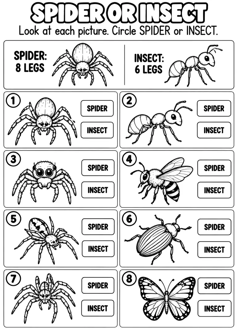 SPIDER OR INSECT WORKSHEET for Pre-K, Kindergarten, 1st Grade