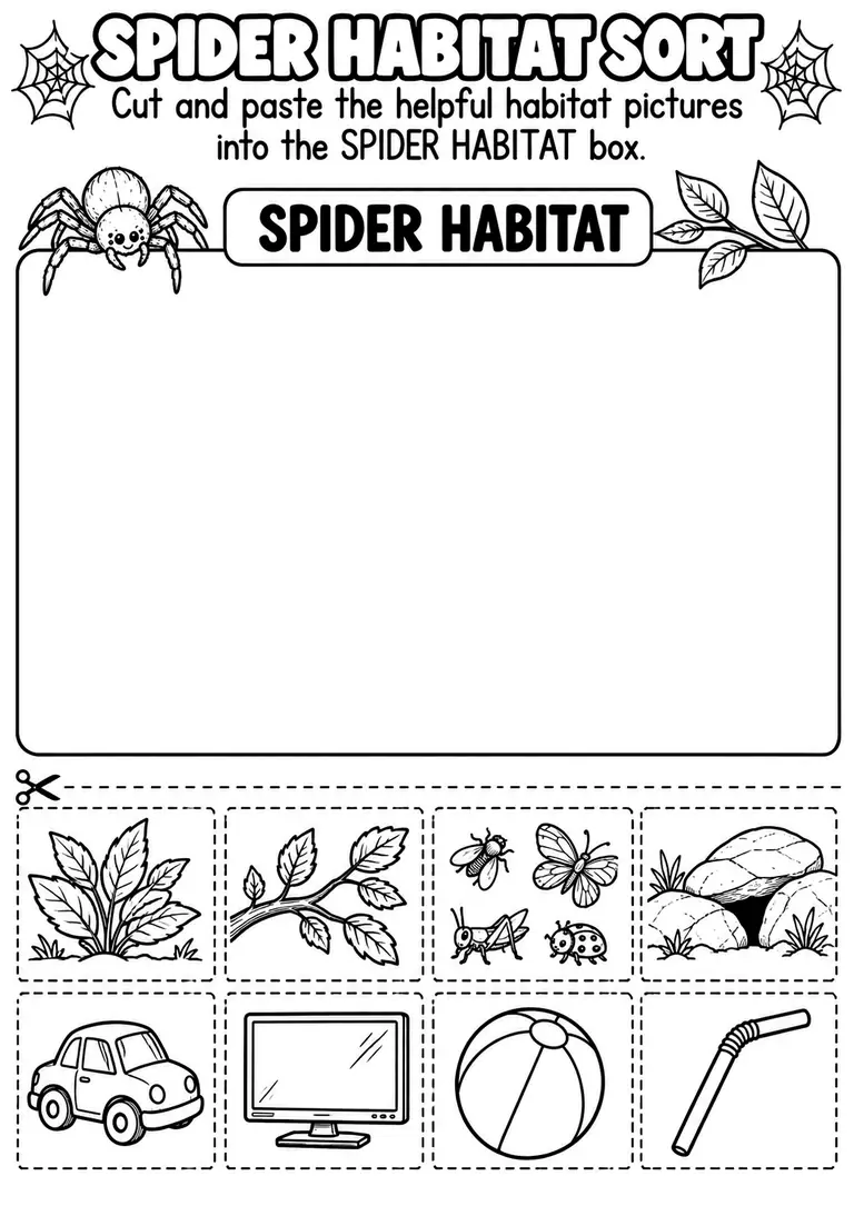 SPIDER HABITAT SORT for Pre-K, Kindergarten, 1st Grade