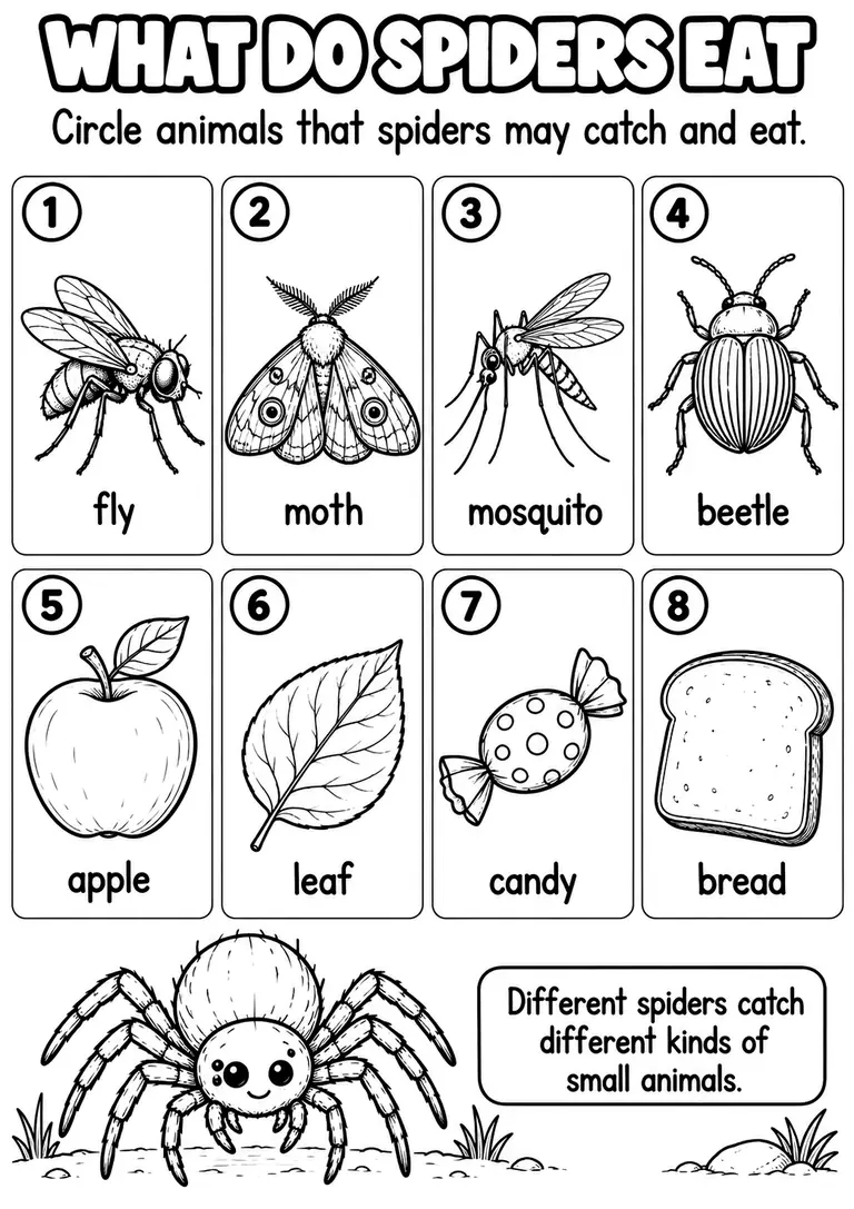 WHAT DO SPIDERS EAT for Pre-K, Kindergarten, 1st Grade