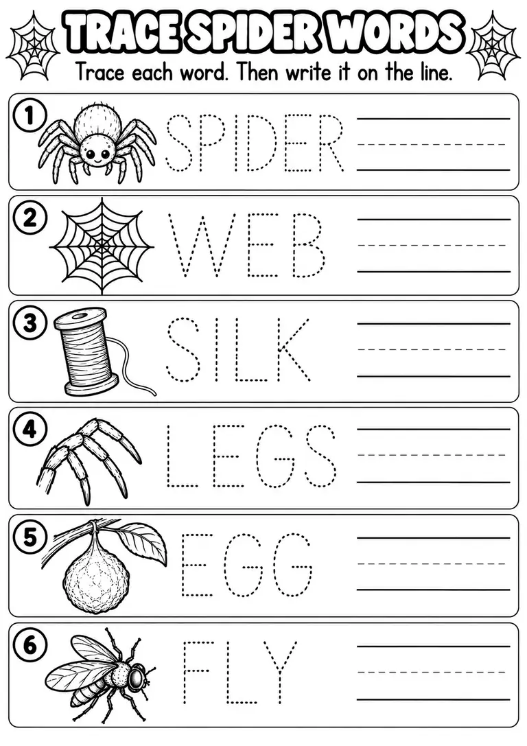 TRACE SPIDER WORDS for Pre-K, Kindergarten, 1st Grade