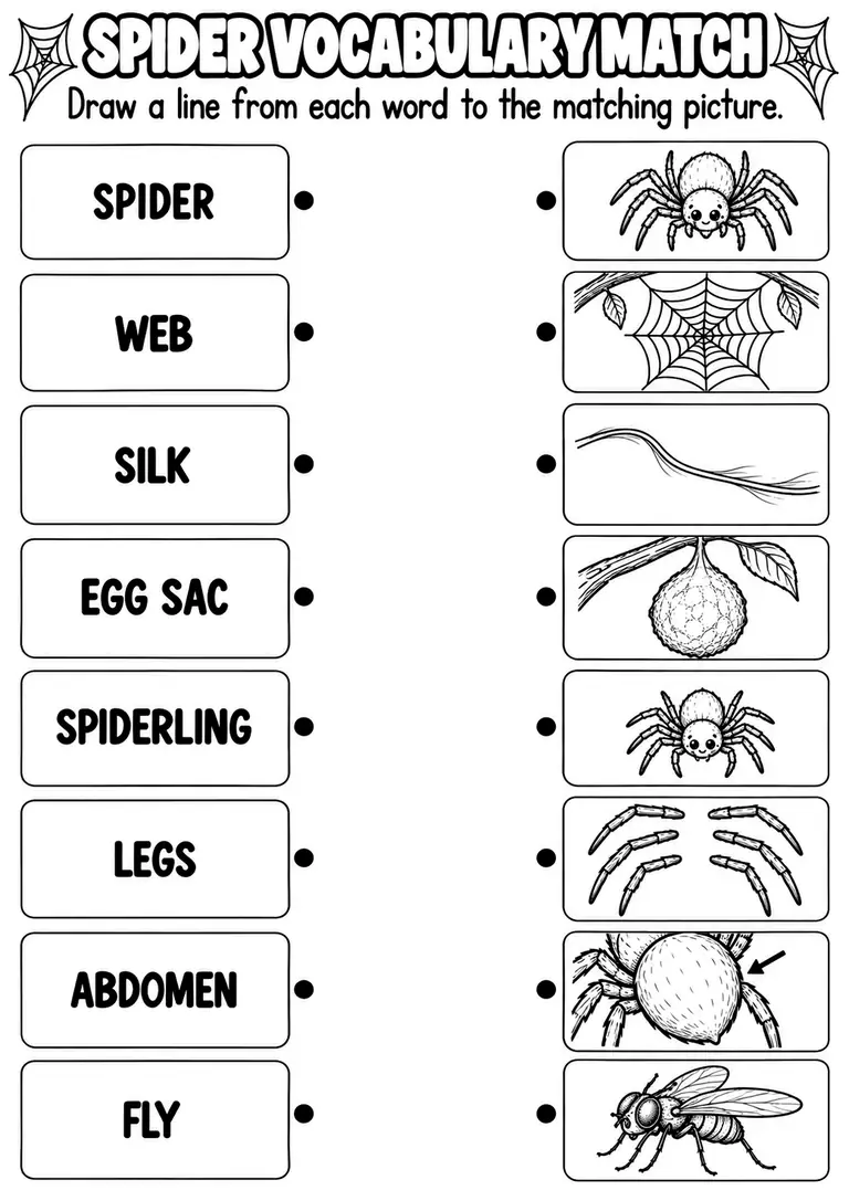 SPIDER VOCABULARY MATCH for Pre-K, Kindergarten, 1st Grade