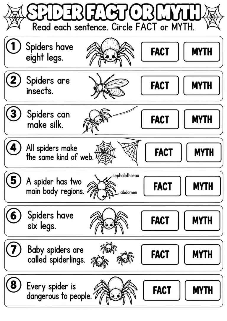 SPIDER FACT OR MYTH for Pre-K, Kindergarten, 1st Grade