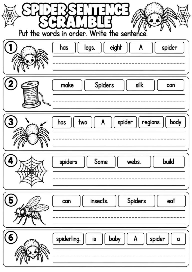 SPIDER SENTENCE SCRAMBLE for Pre-K, Kindergarten, 1st Grade