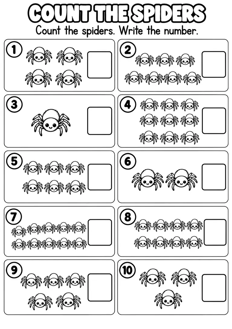 COUNT THE SPIDERS for Pre-K, Kindergarten, 1st Grade