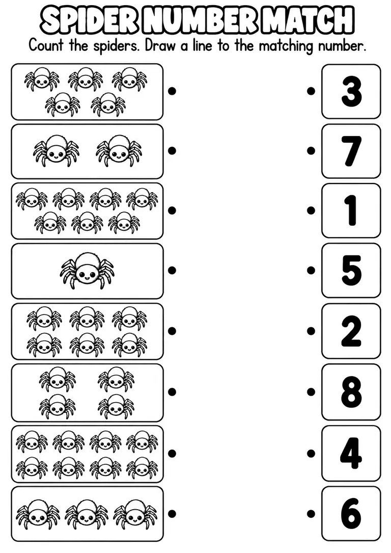 SPIDER NUMBER MATCH for Pre-K, Kindergarten, 1st Grade