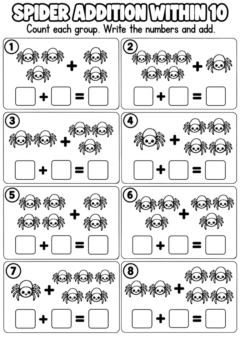 SPIDER ADDITION WITHIN 10 for Pre-K, Kindergarten, 1st Grade