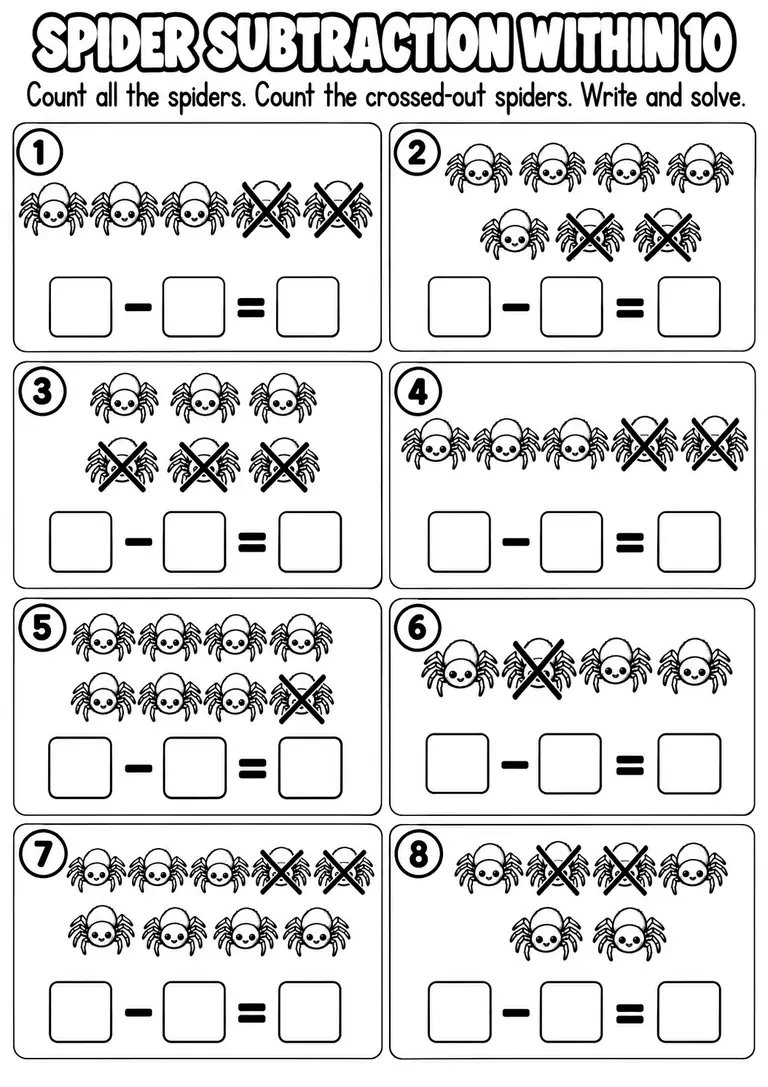 SPIDER SUBTRACTION WITHIN 10 for Pre-K, Kindergarten, 1st Grade