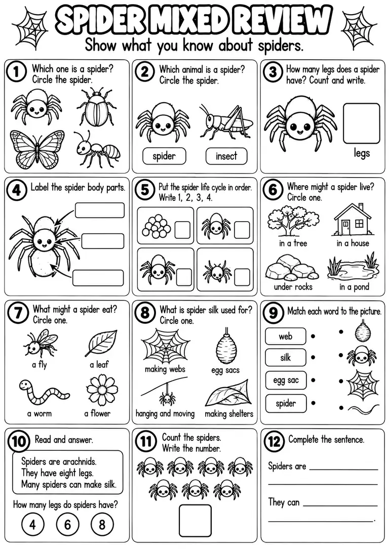 SPIDER MIXED REVIEW for Pre-K, Kindergarten, 1st Grade