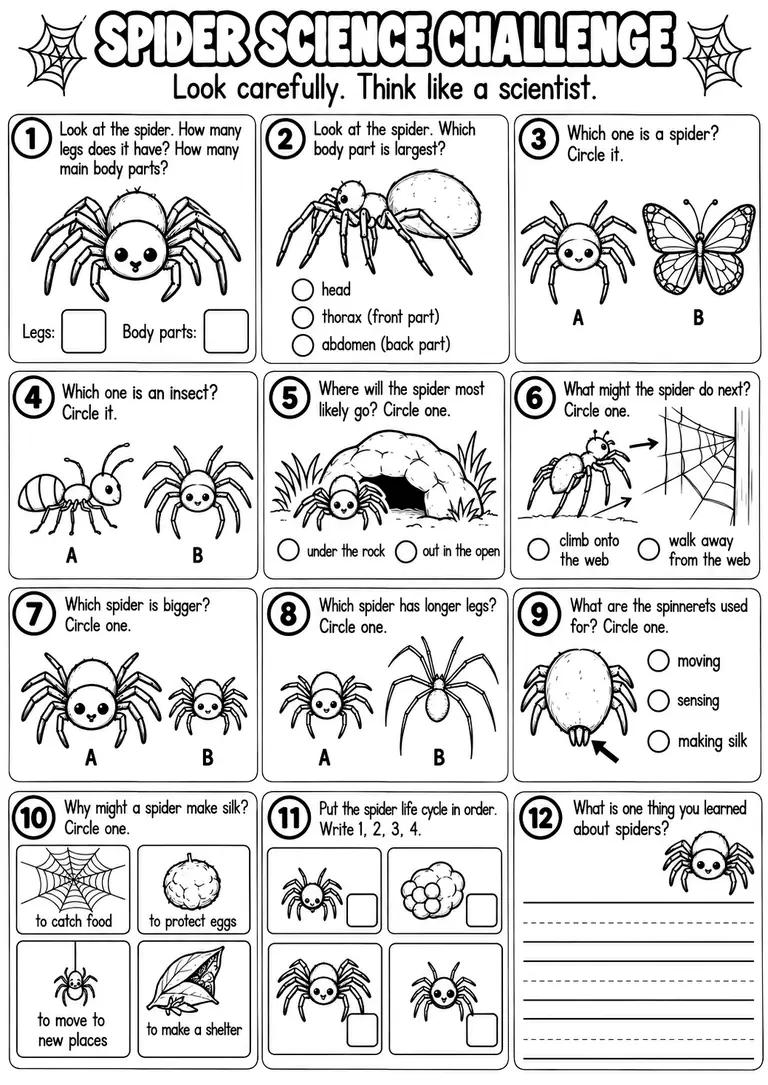 SPIDER SCIENCE CHALLENGE for Pre-K, Kindergarten, 1st Grade