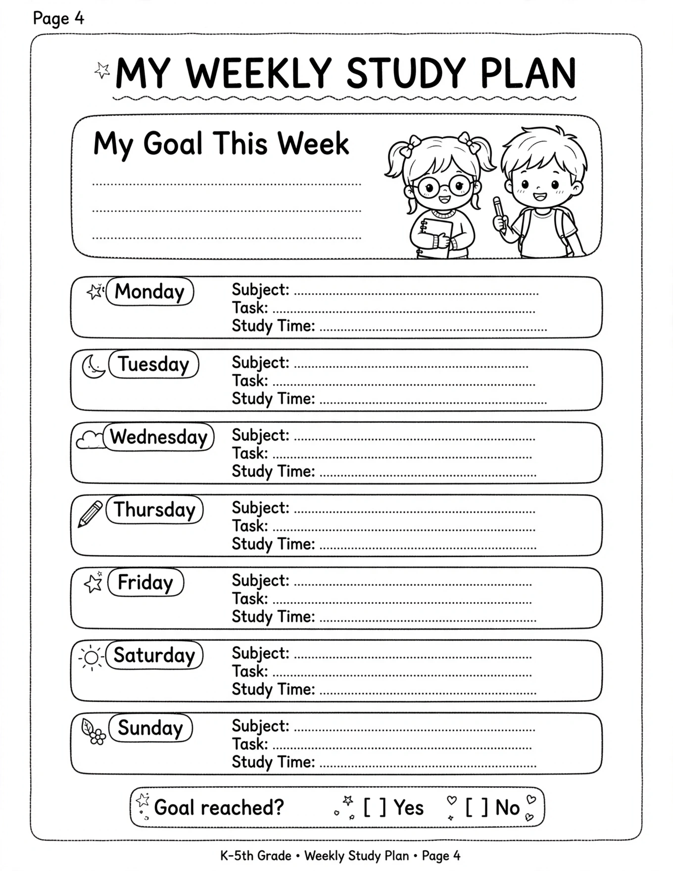 Study Planner For Kids - MONDAY STUDY PLAN