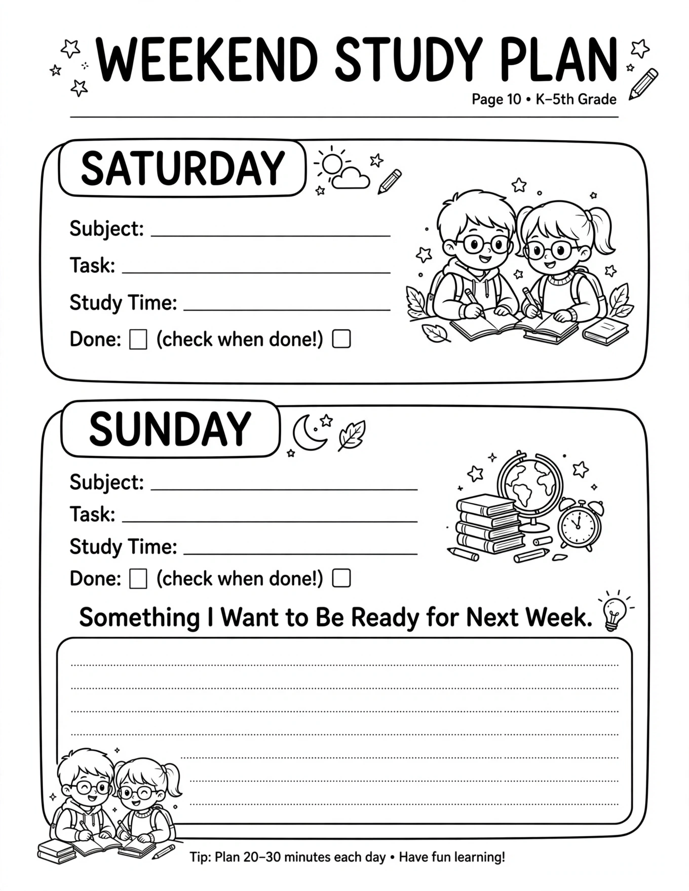 Study Planner For Kids - TUESDAY STUDY PLAN