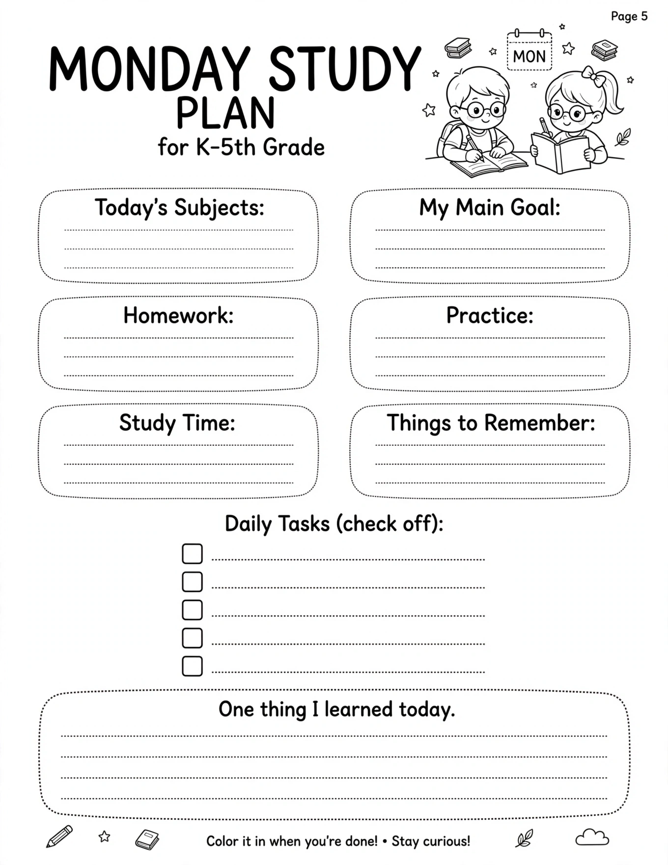 Study Planner For Kids - THURSDAY STUDY PLAN