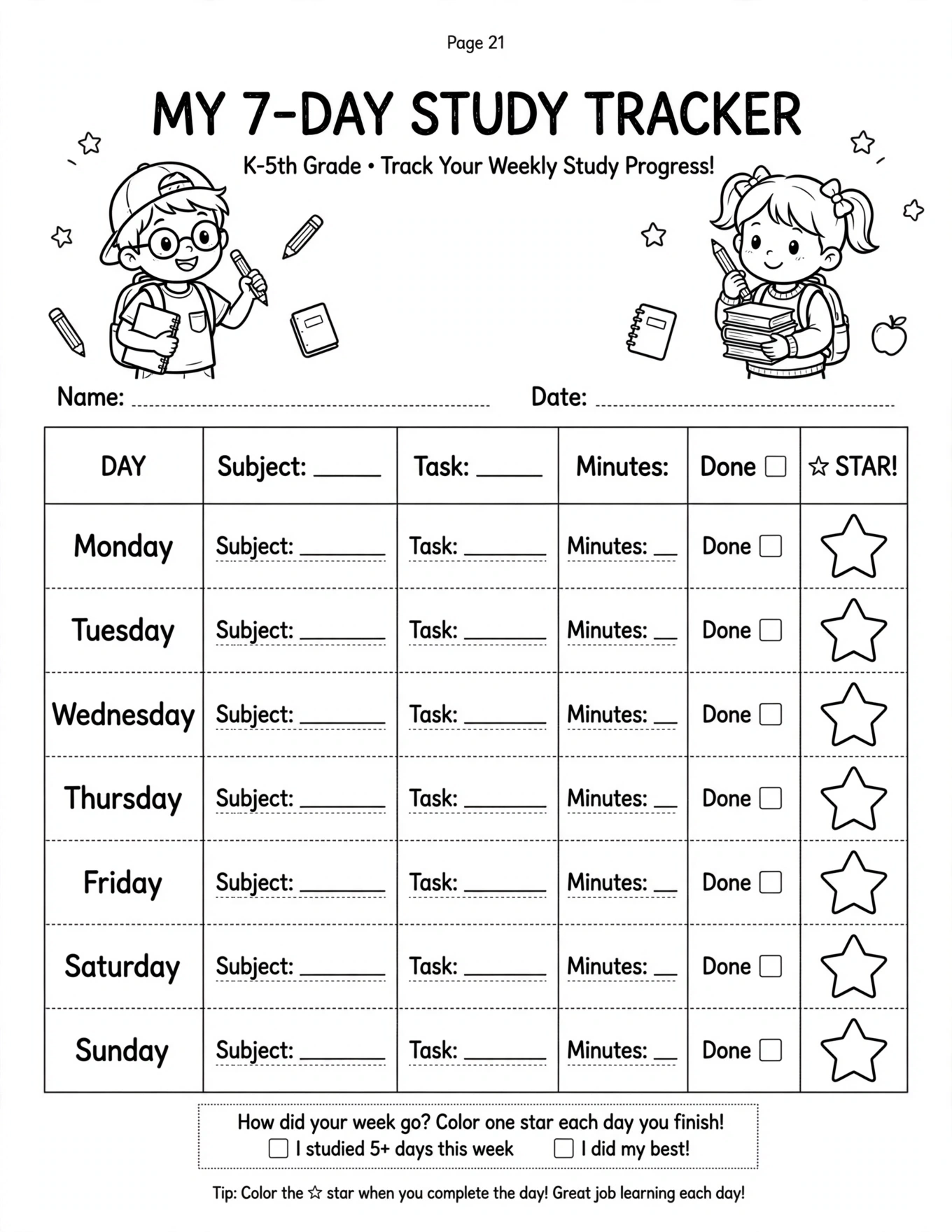 Study Planner For Kids - STUDY TASK CHECKLIST