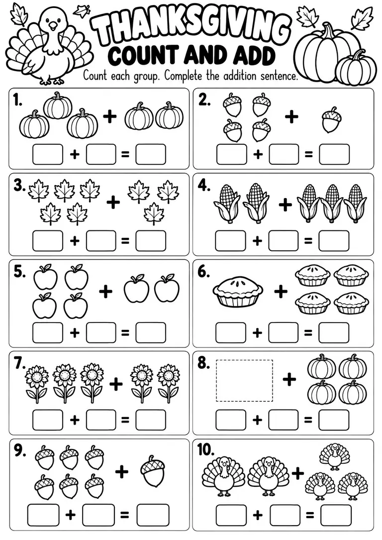 THANKSGIVING COUNT AND ADD for Kindergarten, 1st Grade