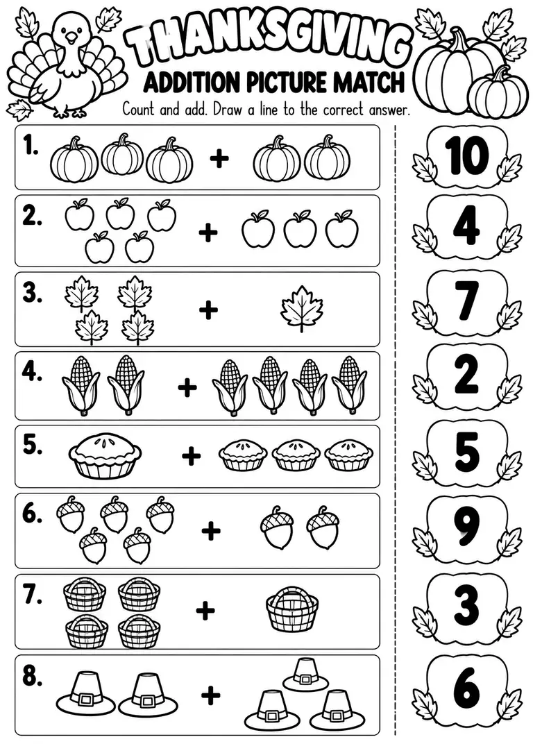 THANKSGIVING ADDITION PICTURE MATCH for Kindergarten, 1st Grade