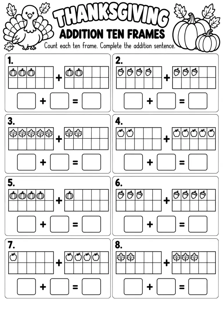 THANKSGIVING ADDITION TEN FRAMES for Kindergarten, 1st Grade