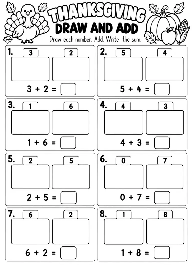 THANKSGIVING DRAW AND ADD for Kindergarten, 1st Grade