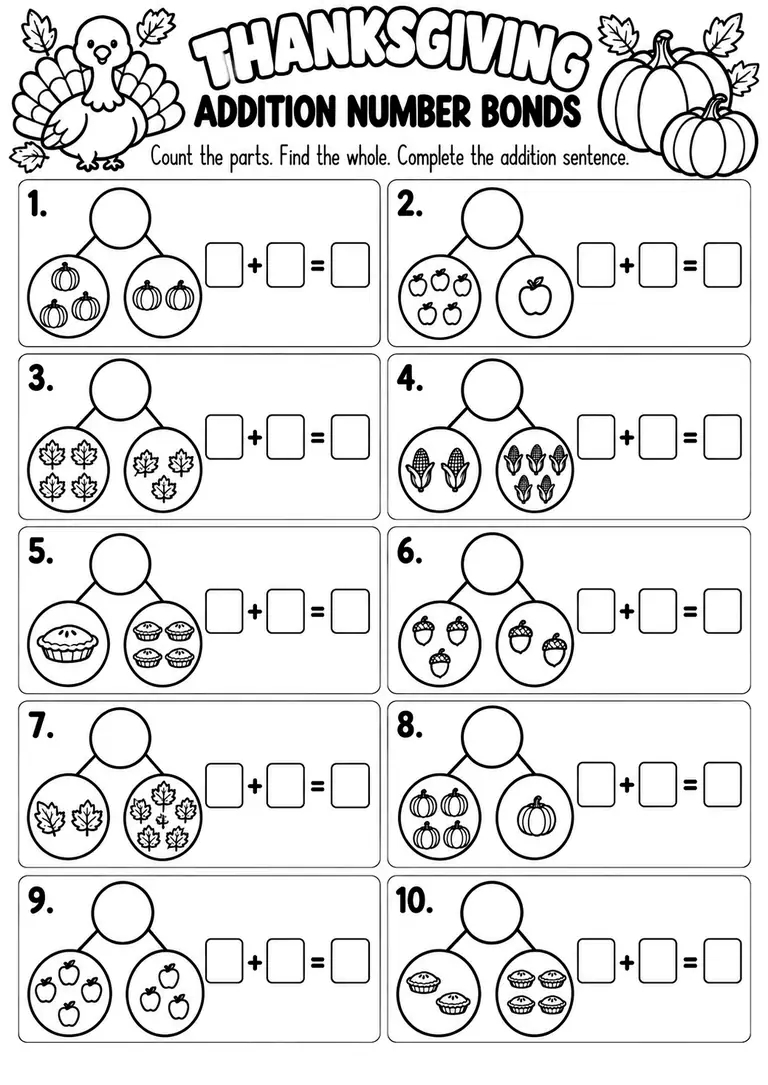 THANKSGIVING ADDITION NUMBER BONDS for Kindergarten, 1st Grade