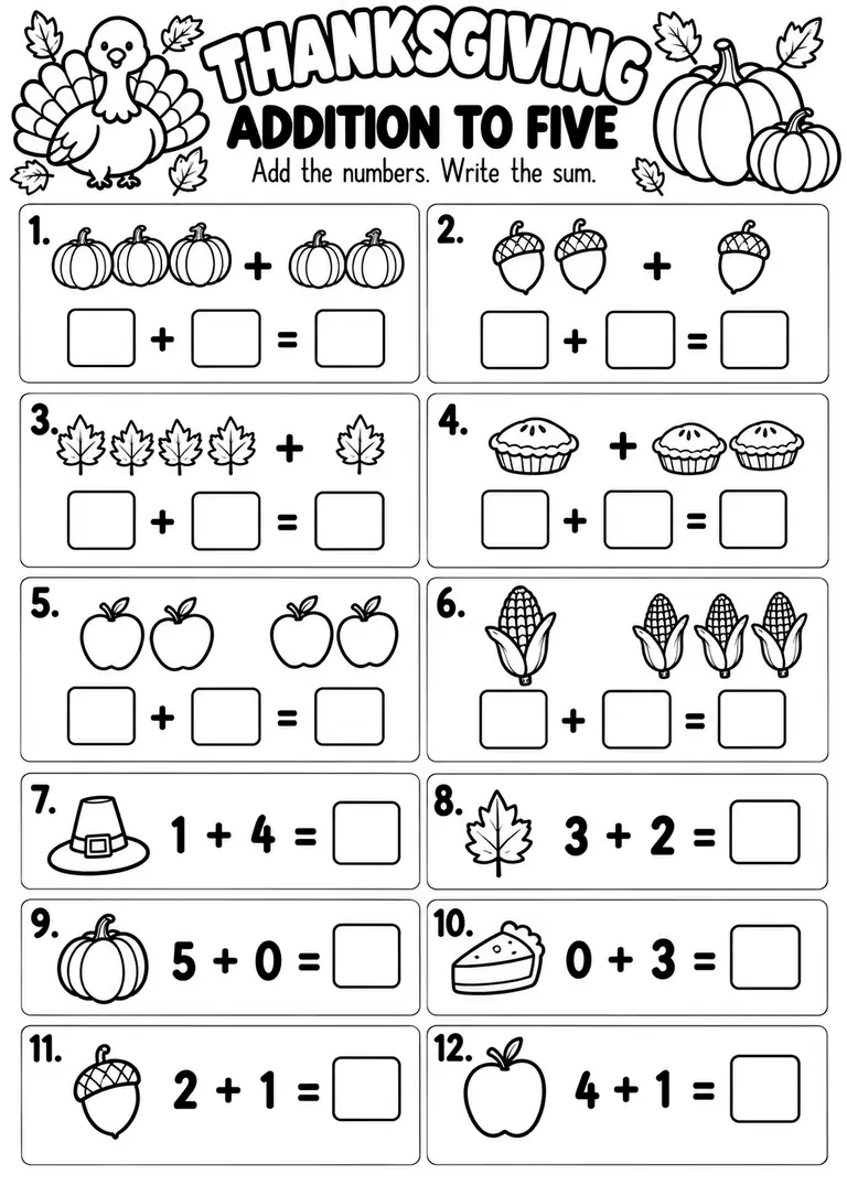 THANKSGIVING ADDITION TO FIVE for Kindergarten, 1st Grade