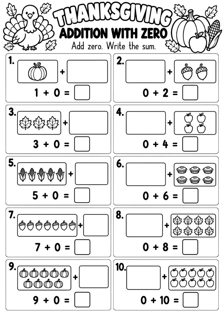 THANKSGIVING ADDITION WITH ZERO for Kindergarten, 1st Grade