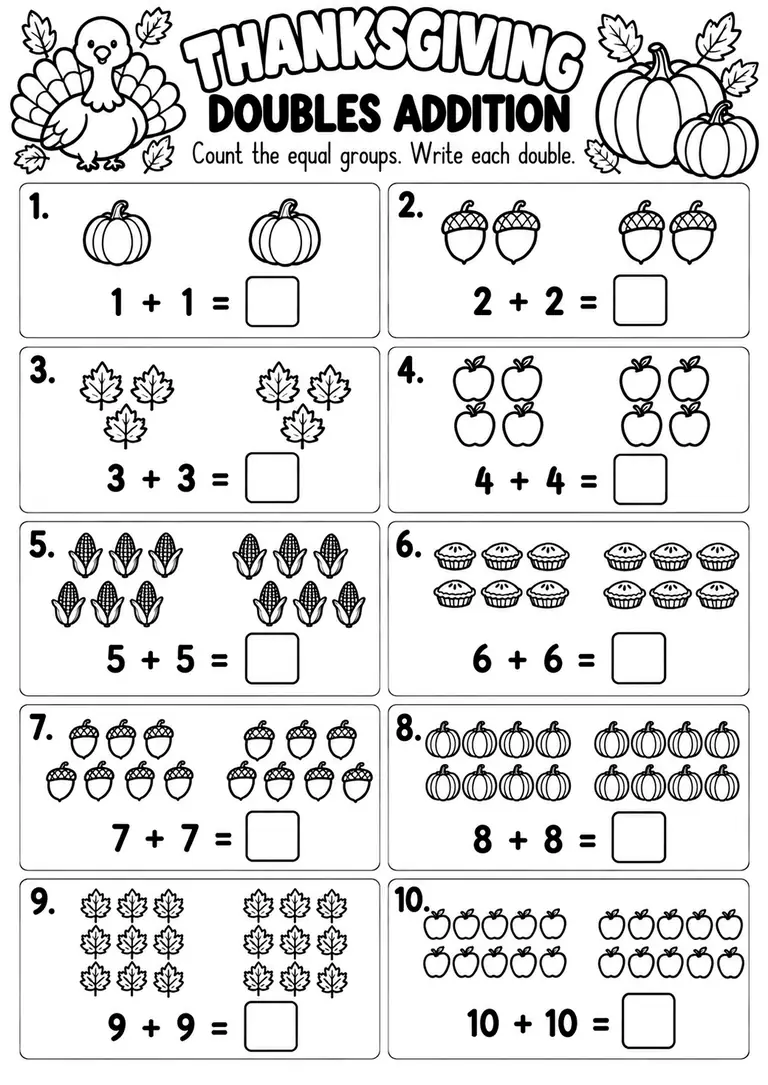 THANKSGIVING DOUBLES ADDITION for Kindergarten, 1st Grade