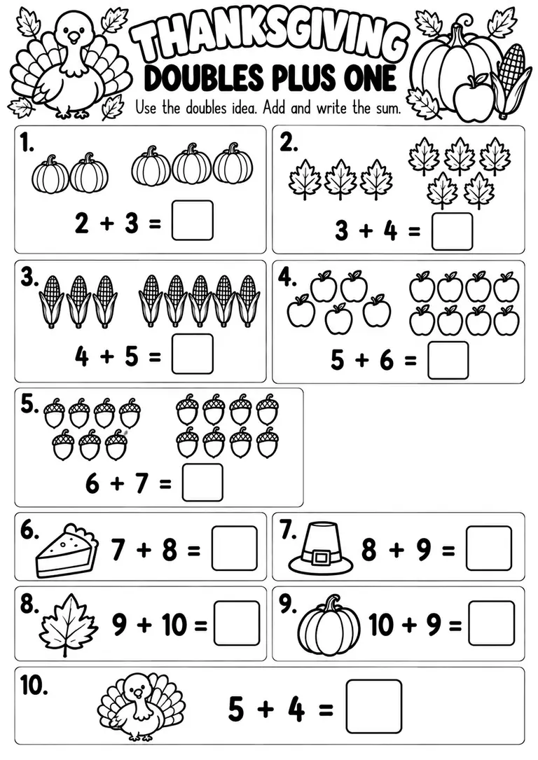 THANKSGIVING DOUBLES PLUS ONE for Kindergarten, 1st Grade