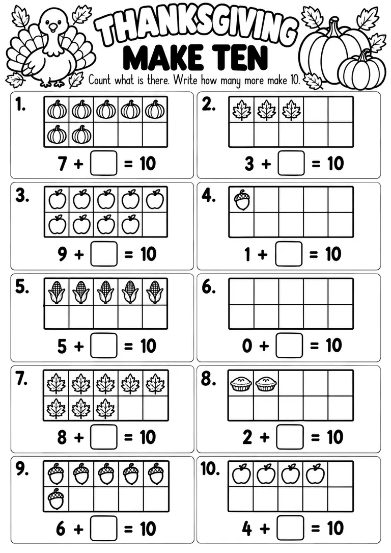 THANKSGIVING MAKE TEN for Kindergarten, 1st Grade