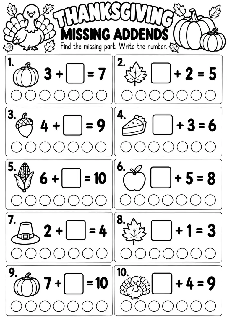 THANKSGIVING MISSING ADDENDS WORKSHEET for Kindergarten, 1st Grade