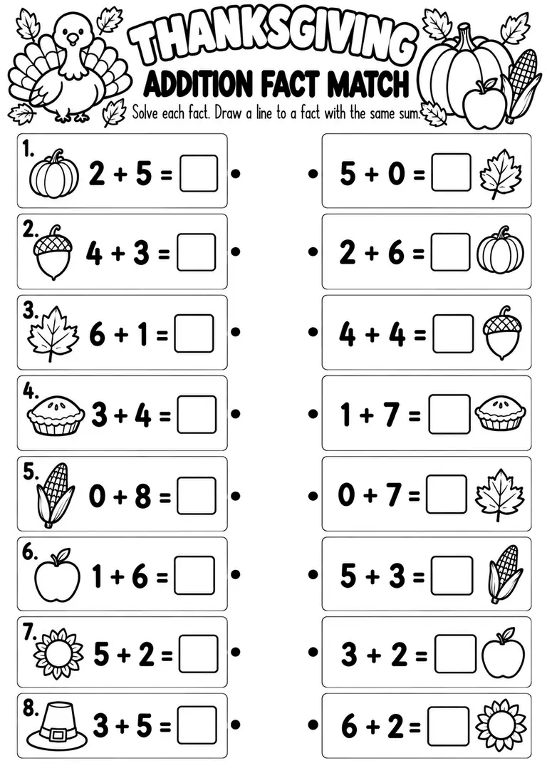THANKSGIVING ADDITION FACT MATCH for Kindergarten, 1st Grade