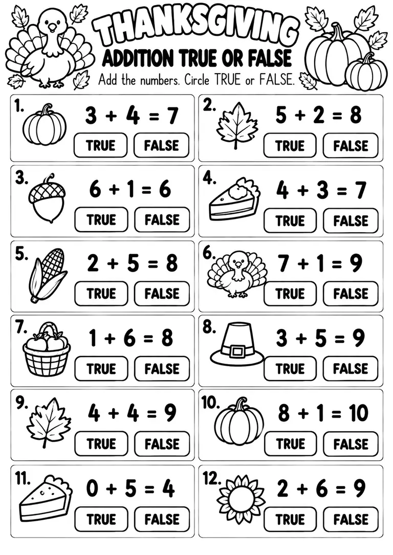 THANKSGIVING ADDITION TRUE OR FALSE for Kindergarten, 1st Grade
