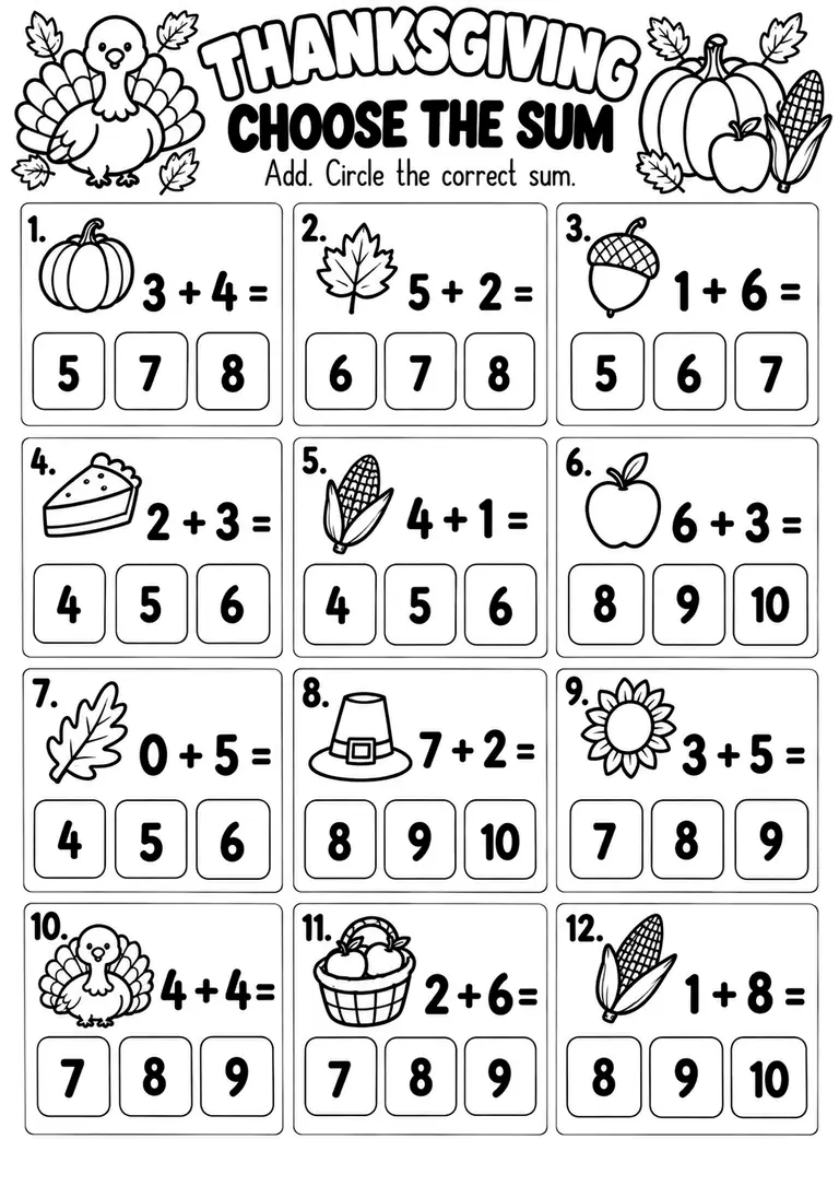 THANKSGIVING CHOOSE THE SUM for Kindergarten, 1st Grade