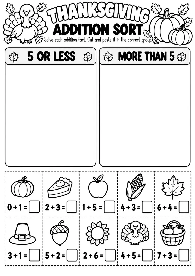 THANKSGIVING ADDITION SORT for Kindergarten, 1st Grade