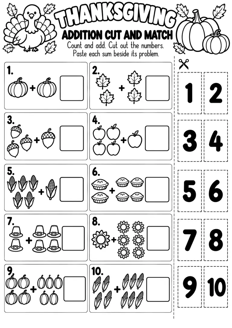 THANKSGIVING ADDITION CUT AND MATCH for Kindergarten, 1st Grade