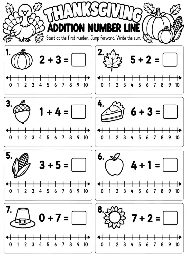 THANKSGIVING ADDITION NUMBER LINE for Kindergarten, 1st Grade