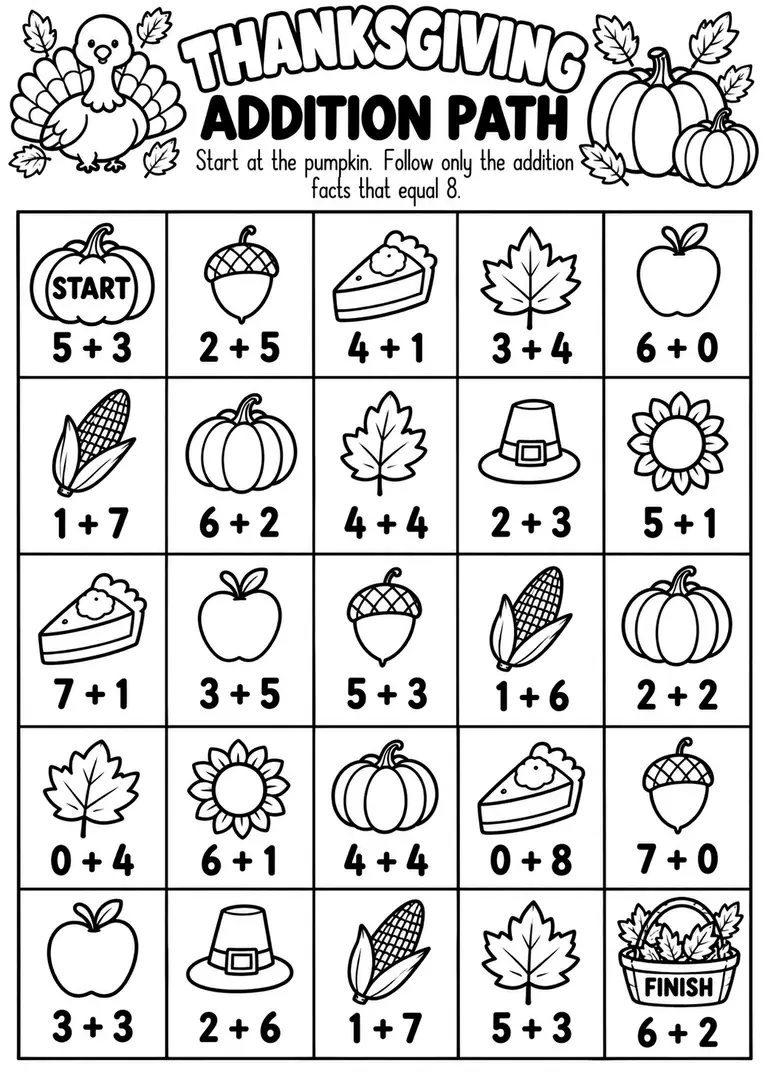 THANKSGIVING ADDITION PATH for Kindergarten, 1st Grade