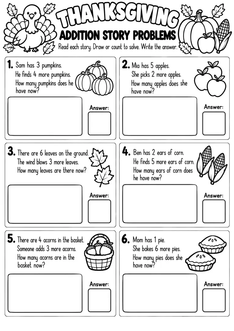 THANKSGIVING ADDITION STORY PROBLEMS for Kindergarten, 1st Grade