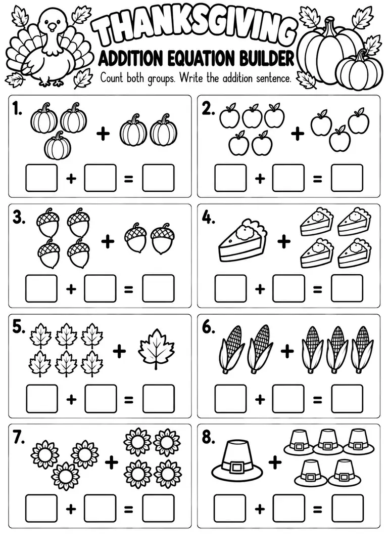 THANKSGIVING ADDITION EQUATION BUILDER for Kindergarten, 1st Grade