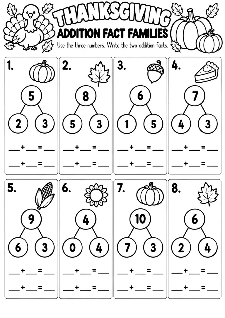 THANKSGIVING ADDITION FACT FAMILIES for Kindergarten, 1st Grade