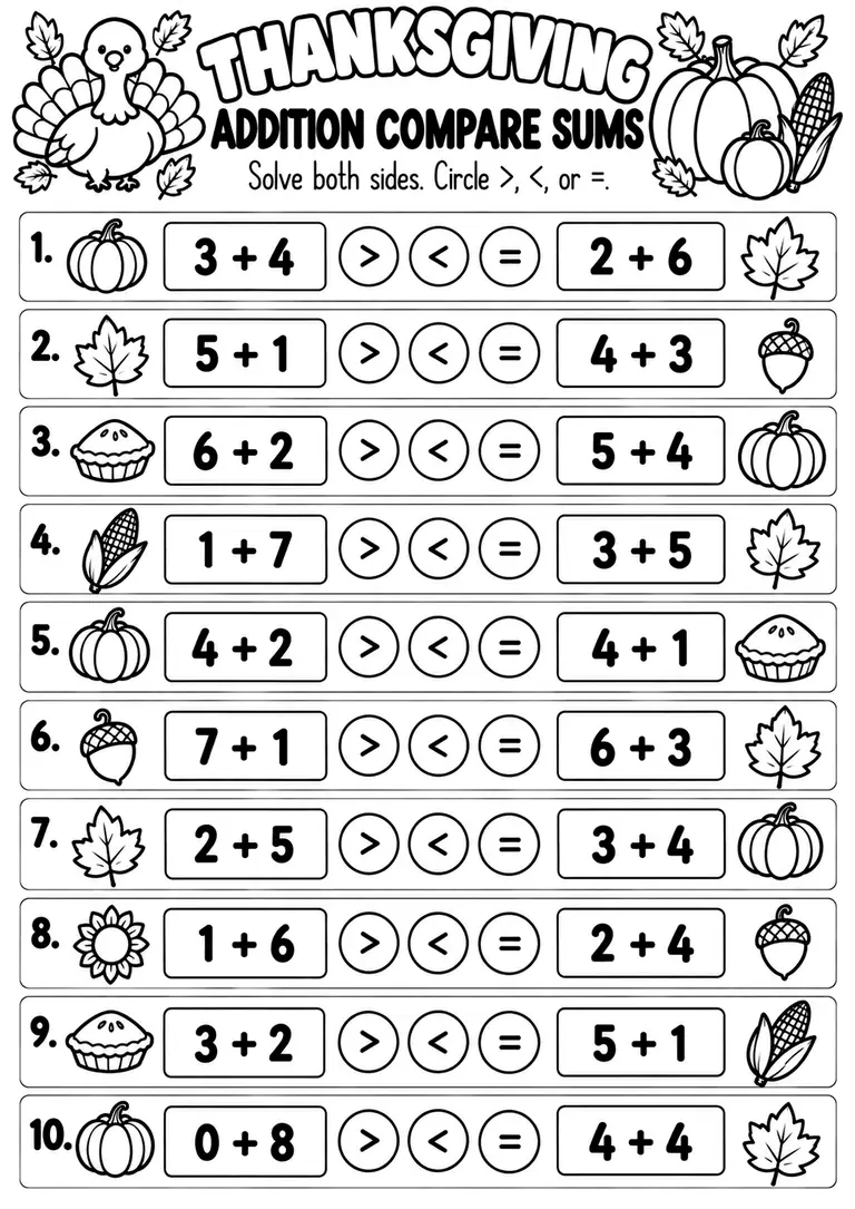 THANKSGIVING ADDITION COMPARE SUMS for Kindergarten, 1st Grade