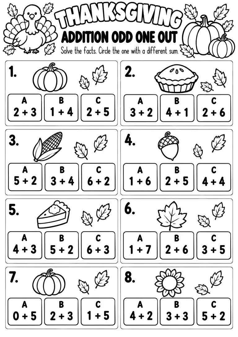 THANKSGIVING ADDITION ODD ONE OUT for Kindergarten, 1st Grade