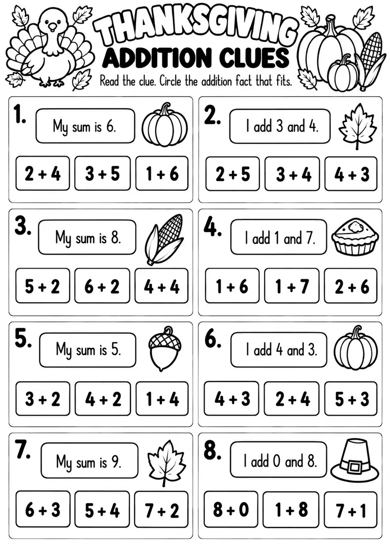 THANKSGIVING ADDITION CLUES for Kindergarten, 1st Grade